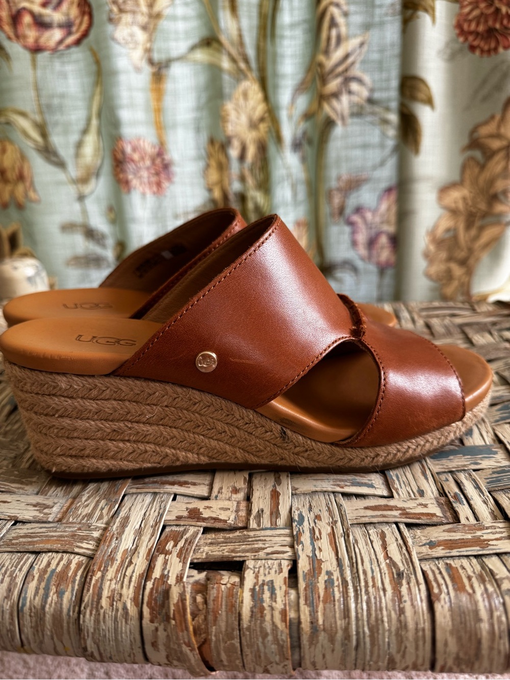 UGG Brown Leather Espadrille Wedge Sandals